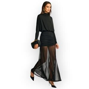 Commense Black Sheer Mesh Maxi Dress NWT XL (US 12) Ruched – Modern Dark Romance